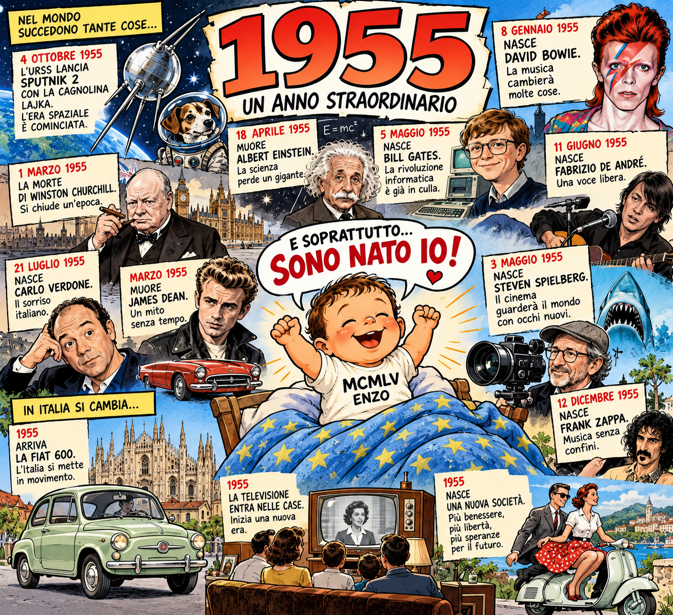 Vignetta illustrata sul 1955 e sulla nascita di Enzo